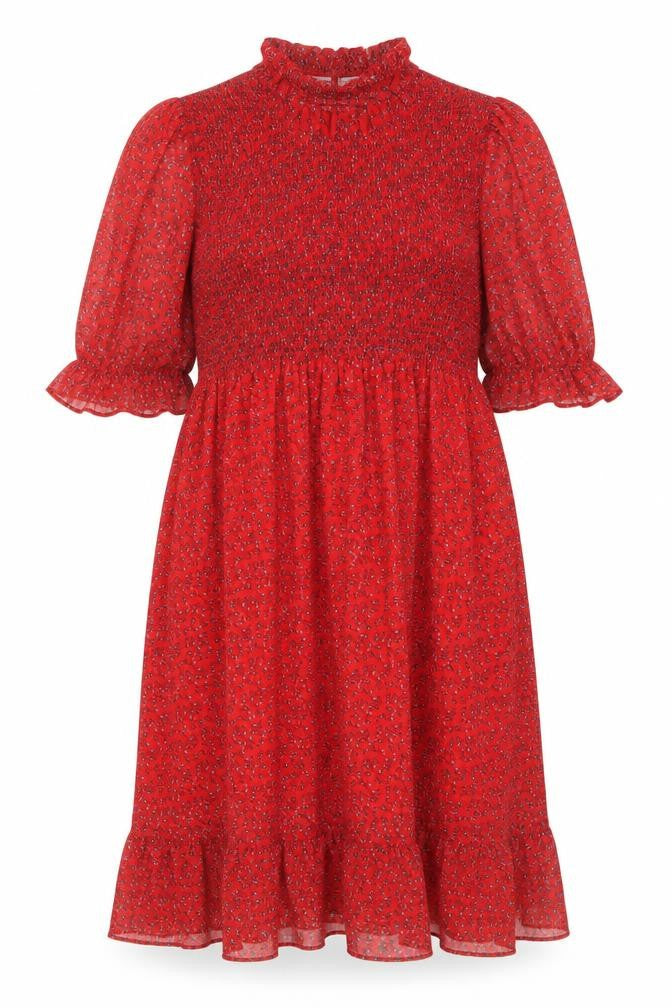 Front view of Finery women’s red floral polyester a-line, size UK 16, mock neck pullover