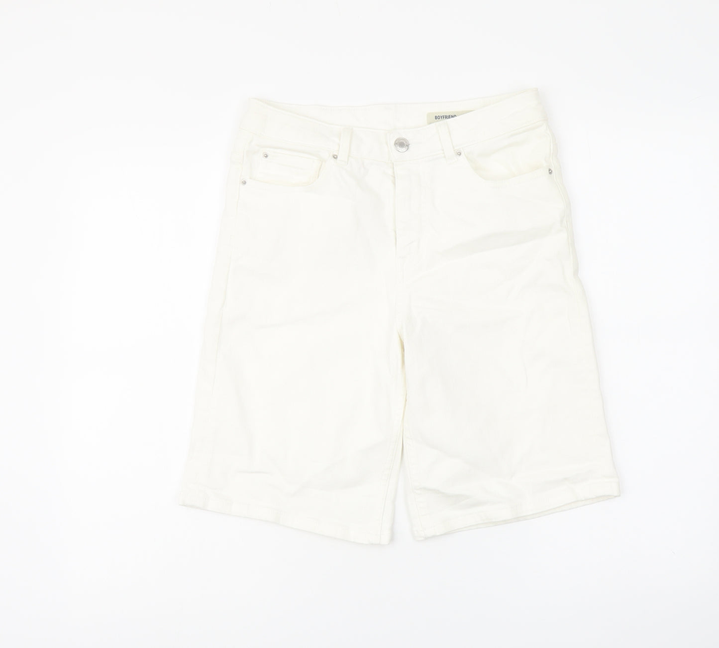 Marks and Spencer Womens Ivory Cotton Boyfriend Shorts Size 8 L10 in Regular Button