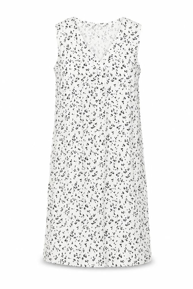 Front view of Marks & Spencer women’s white geometric linen trapeze & swing, size UK 8, v-neck pullover
