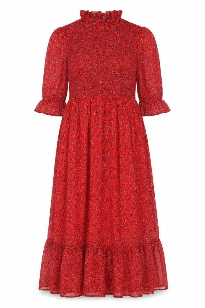 Front view of Finery women’s red floral polyester a-line, size UK 8, mock neck pullover