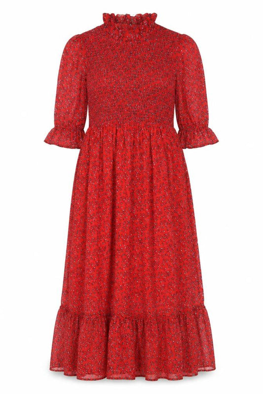 Front view of Finery women’s red floral polyester a-line, size UK 8, mock neck pullover