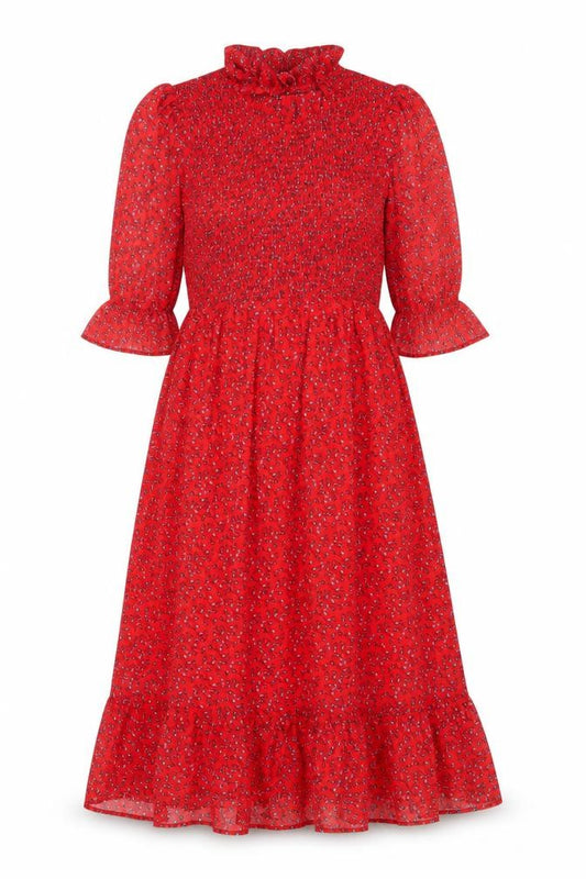Front view of Finery women’s red floral polyester a-line, size UK 8, mock neck pullover