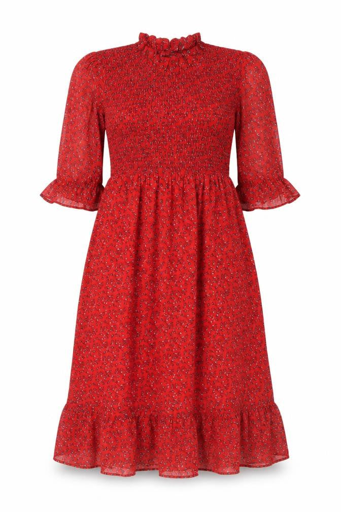 Front view of Finery women’s red floral polyester a-line, size UK 8, mock neck pullover