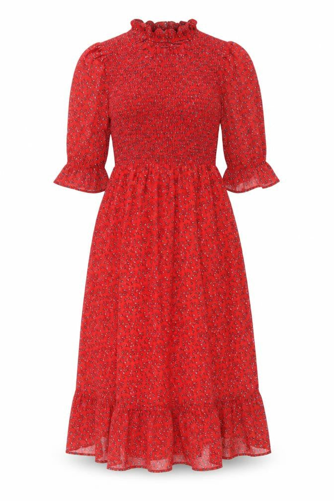 Front view of Finery women’s red floral polyester a-line, size UK 8, mock neck pullover