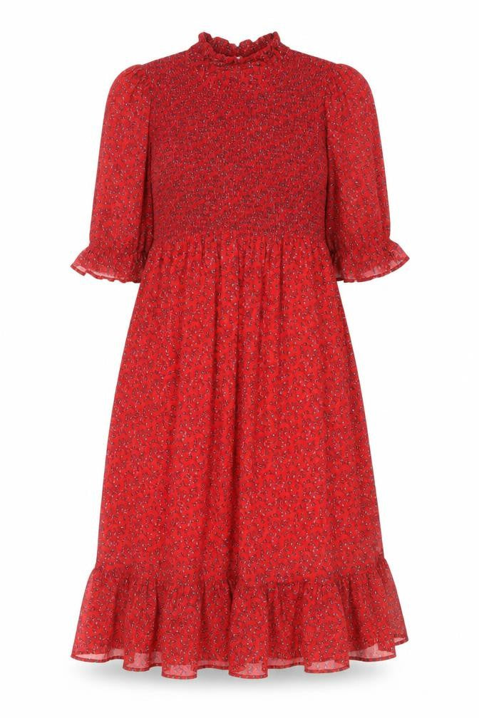 Front view of Finery women’s red floral polyester a-line, size UK 18, mock neck pullover
