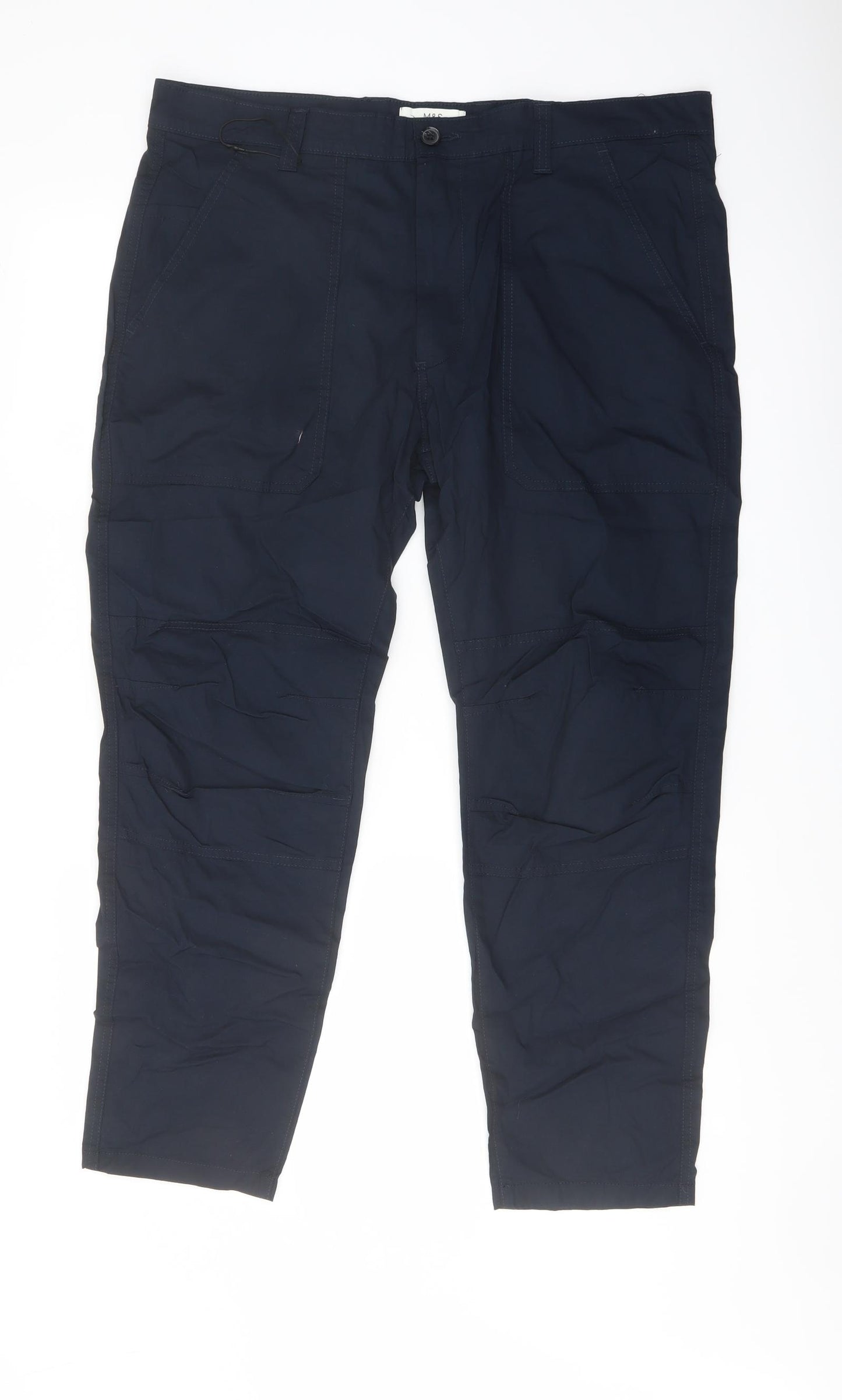 Marks and Spencer Mens Blue Cotton Cargo Trousers Size 38 in L29 in Regular Button