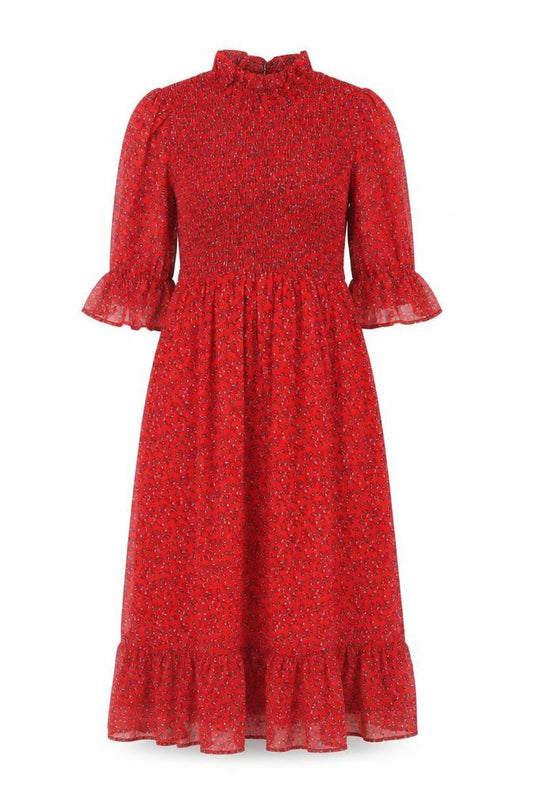 Front view of Finery women’s red floral polyester a-line, size UK 8, mock neck pullover