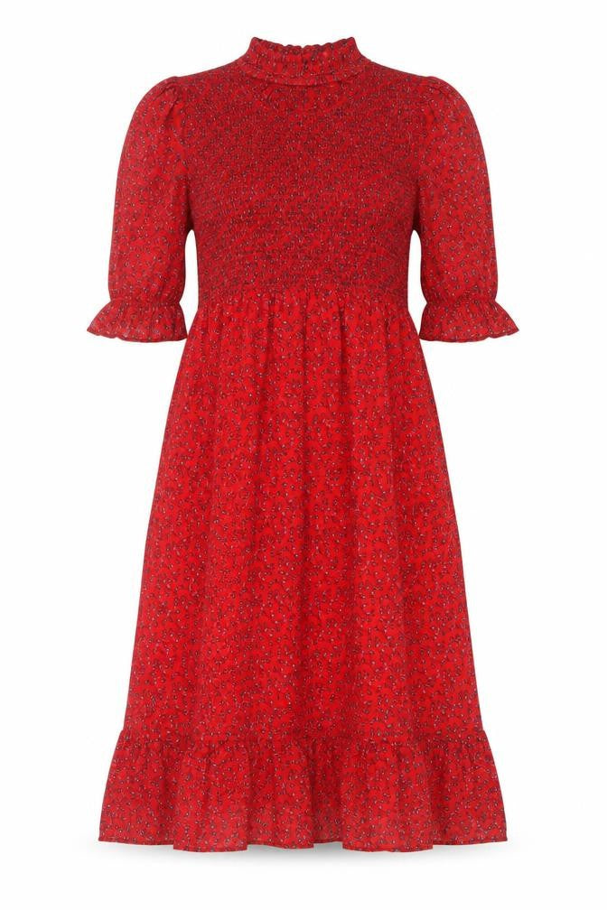 Front view of Finery women’s red floral polyester a-line, size UK 16, mock neck pullover