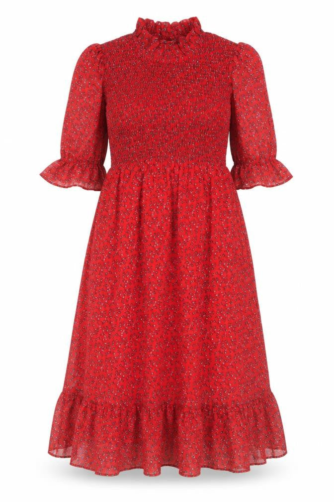 Front view of Finery women’s red floral polyester a-line, size UK 8, mock neck pullover
