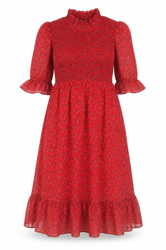Front view of Finery women’s red floral polyester a-line, size UK 8, mock neck pullover