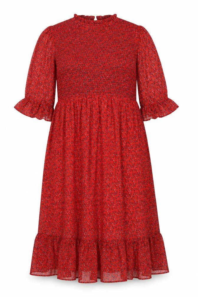 Front view of Finery women’s red floral polyester a-line, size UK 16, mock neck pullover