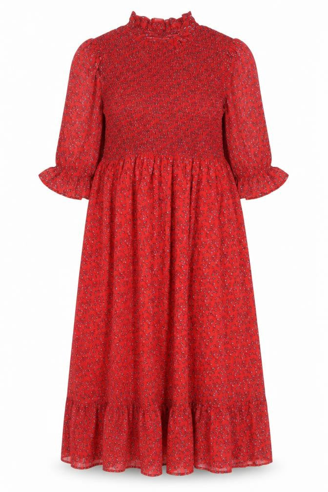 Front view of Finery women’s red floral polyester a-line, size UK 18, mock neck pullover