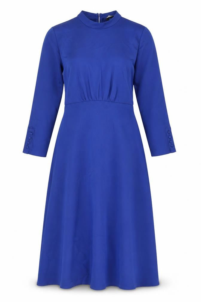Front view of Marks & Spencer women’s blue polyester a-line, size UK 6, mock neck zip