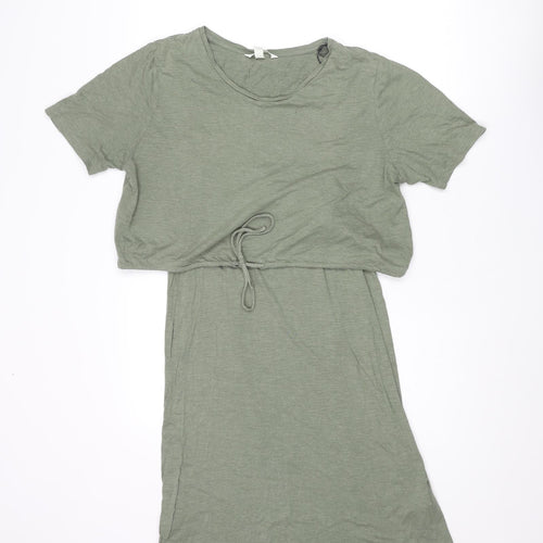 H&M Womens Green Cotton T-Shirt Dress Size M Round Neck Pullover - Drawstring Detail Layered