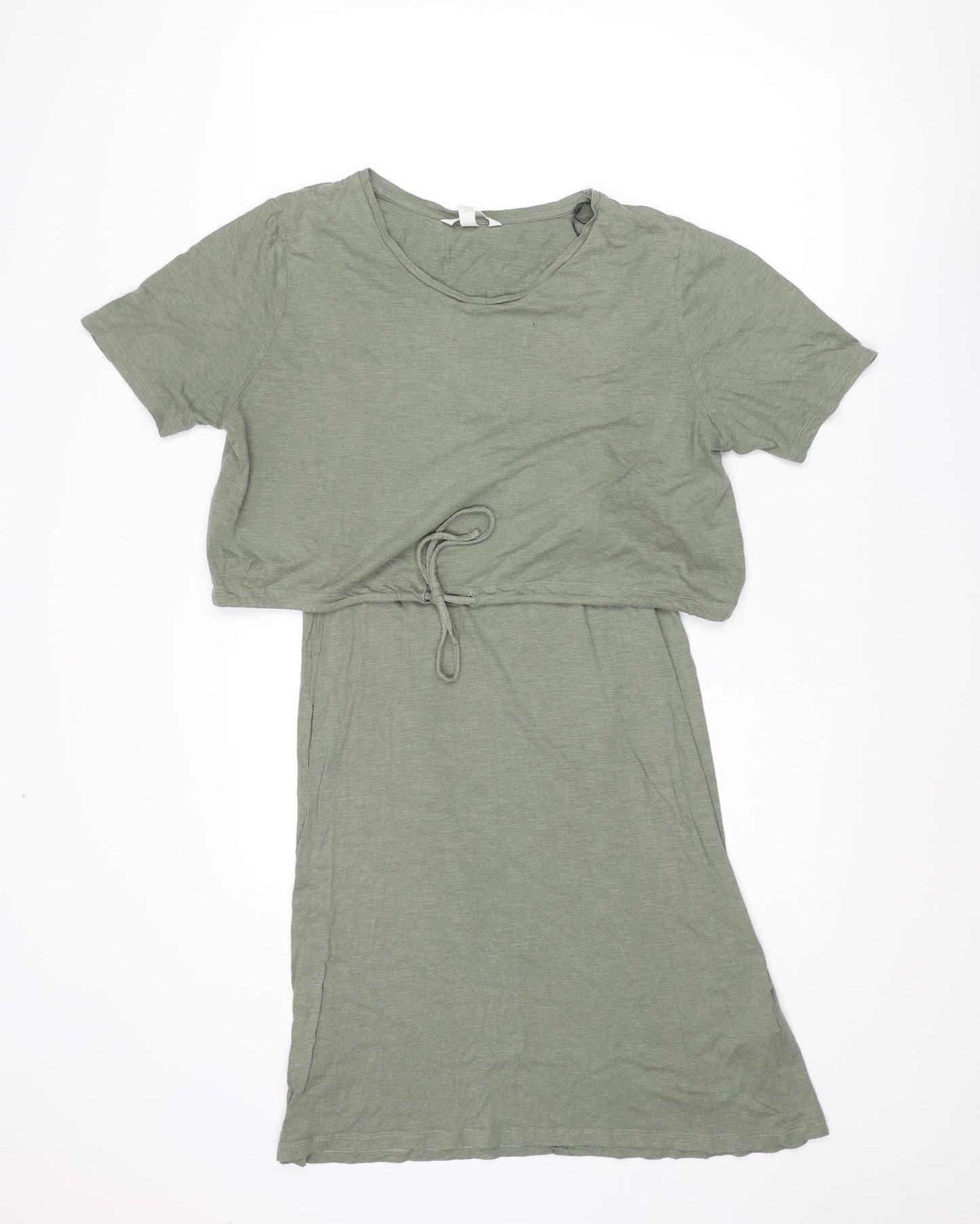 H&M Womens Green Cotton T-Shirt Dress Size M Round Neck Pullover - Drawstring Detail Layered