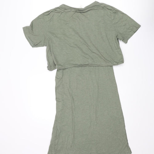 H&M Womens Green Cotton T-Shirt Dress Size M Round Neck Pullover - Drawstring Detail Layered