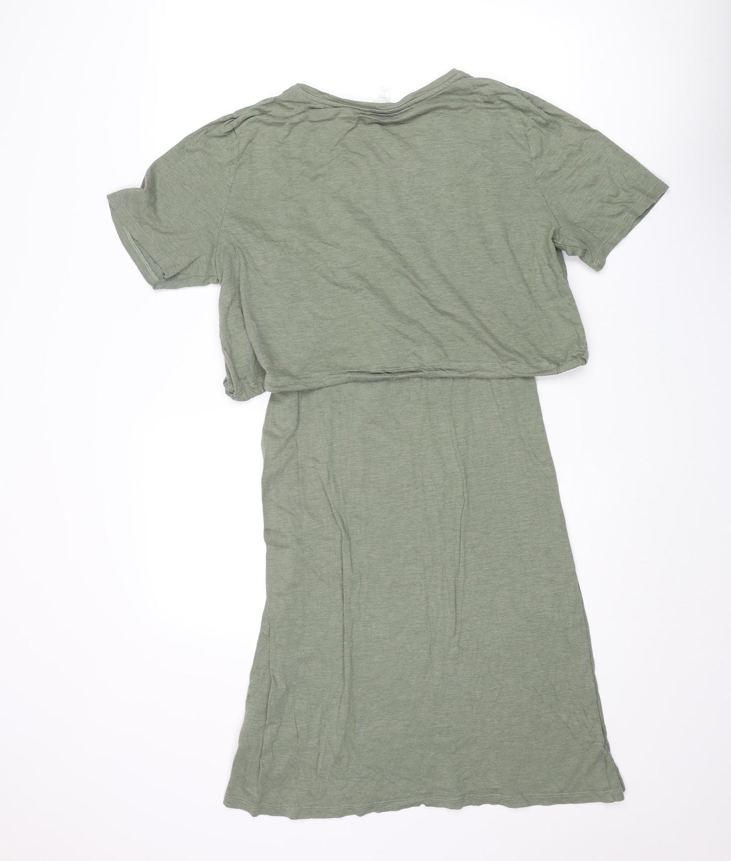 H&M Womens Green Cotton T-Shirt Dress Size M Round Neck Pullover - Drawstring Detail Layered
