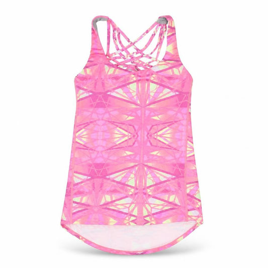 Front view of Queenie Ki women’s pink geometric polyester basic tank, size M, scoop neck pullover - padded cowl back detail