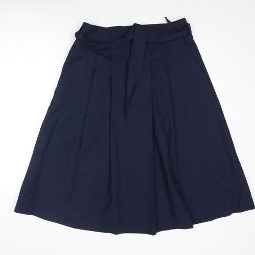Marks and Spencer Womens Blue Cotton A-Line Skirt Size 14 Zip - Belted Pleated