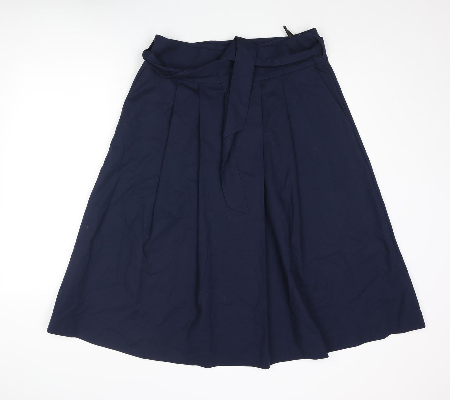 Marks and Spencer Womens Blue Cotton A-Line Skirt Size 14 Zip - Belted Pleated