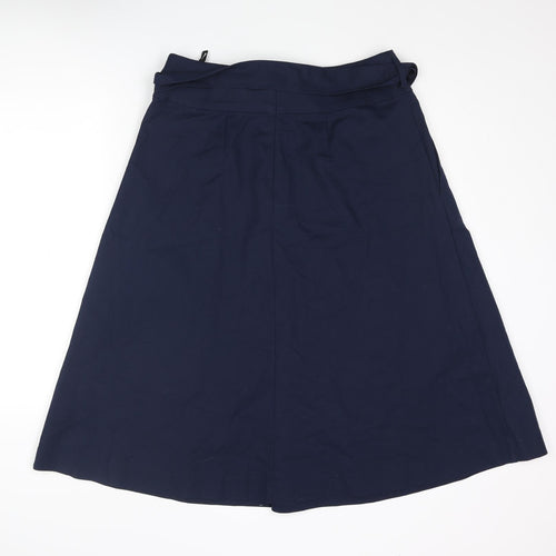 Marks and Spencer Womens Blue Cotton A-Line Skirt Size 14 Zip - Belted Pleated