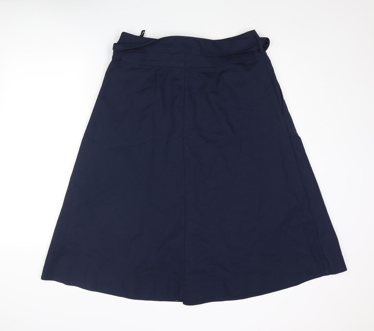 Marks and Spencer Womens Blue Cotton A-Line Skirt Size 14 Zip - Belted Pleated