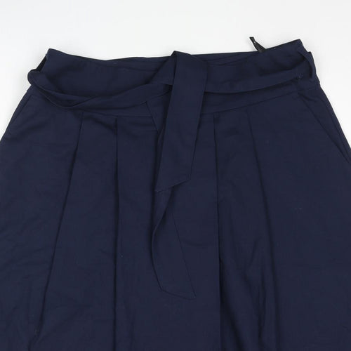 Marks and Spencer Womens Blue Cotton A-Line Skirt Size 14 Zip - Belted Pleated