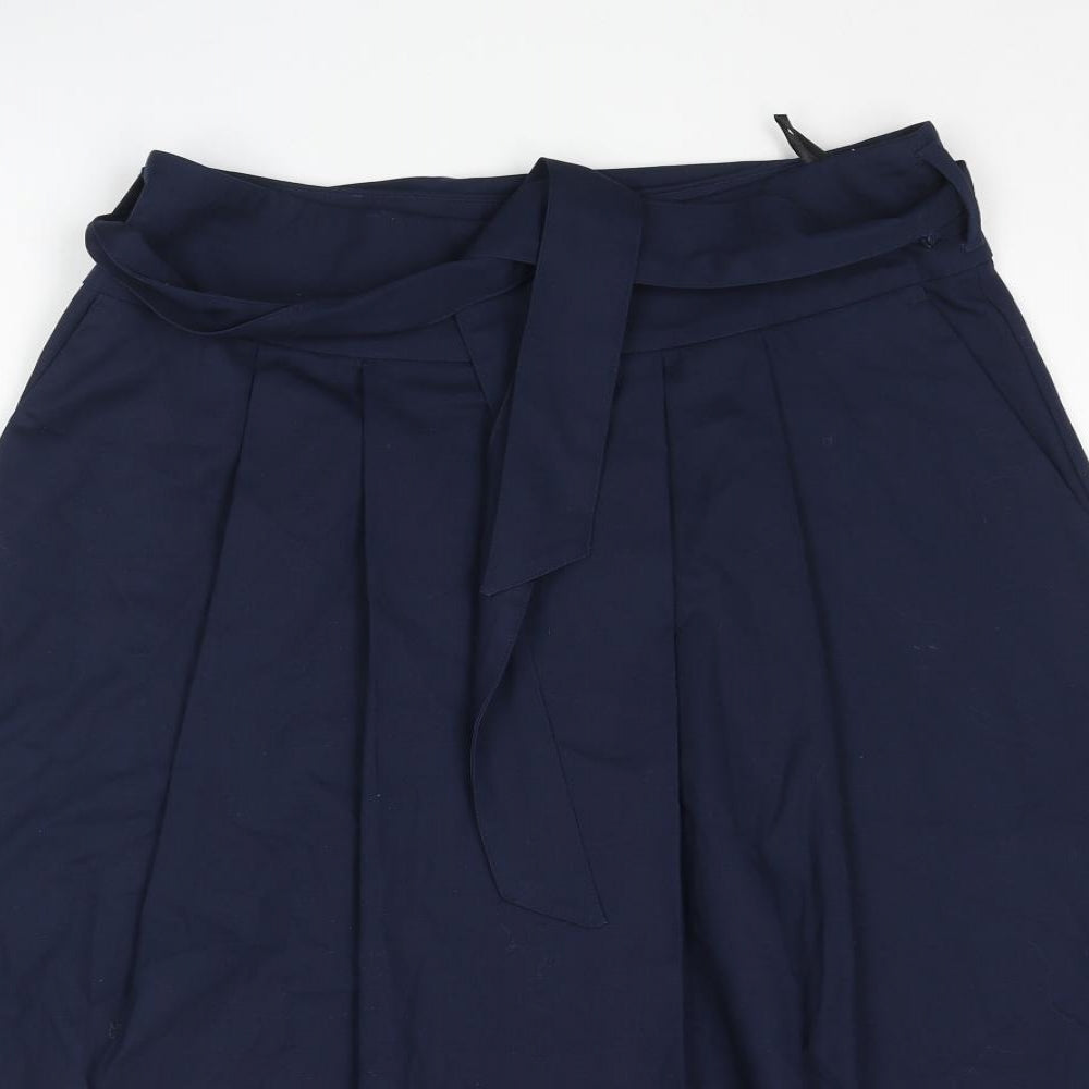 Marks and Spencer Womens Blue Cotton A-Line Skirt Size 14 Zip - Belted Pleated