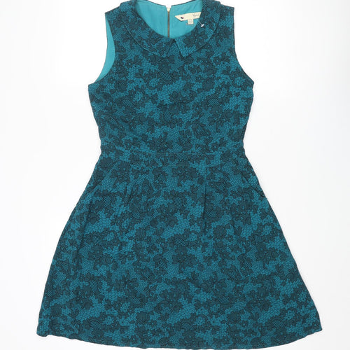 Yumi Womens Blue Floral Cotton A-Line Size 10 Collared Zip
