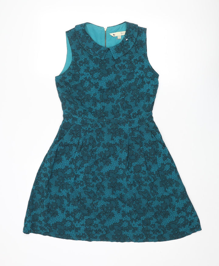 Yumi Womens Blue Floral Cotton A-Line Size 10 Collared Zip