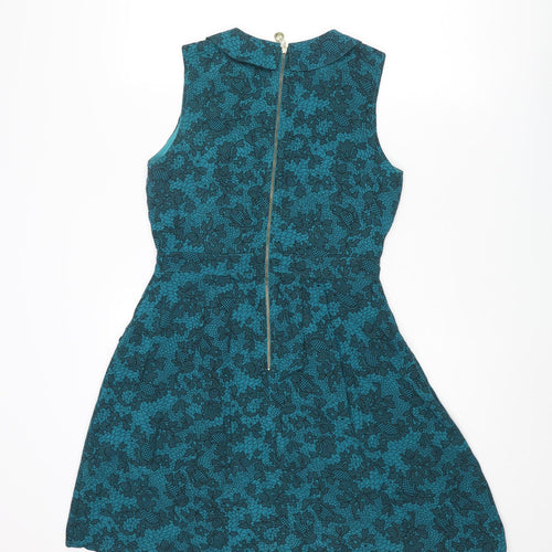 Yumi Womens Blue Floral Cotton A-Line Size 10 Collared Zip