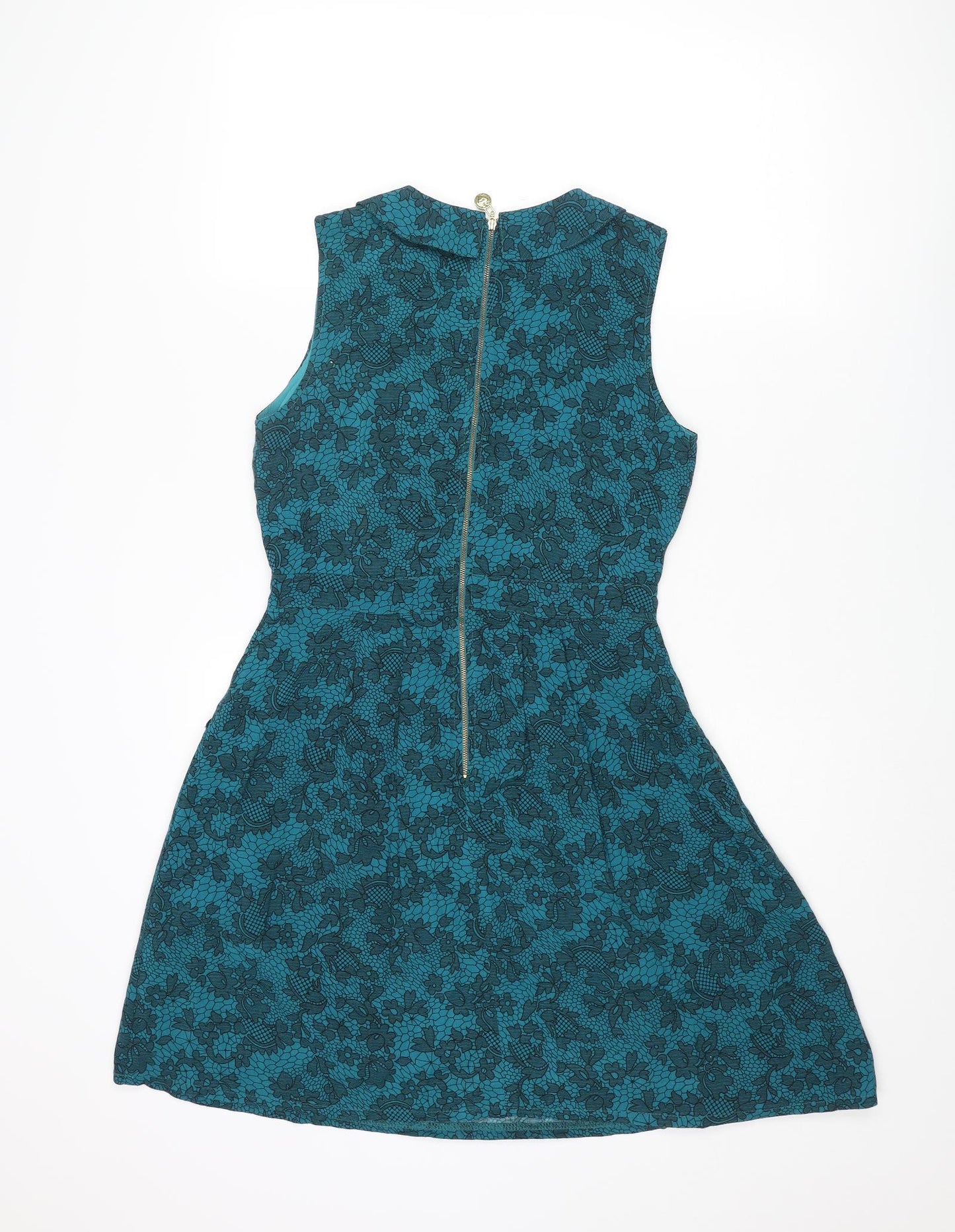 Yumi Womens Blue Floral Cotton A-Line Size 10 Collared Zip