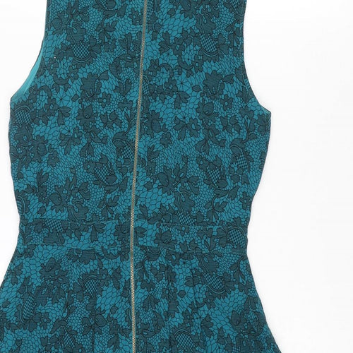 Yumi Womens Blue Floral Cotton A-Line Size 10 Collared Zip