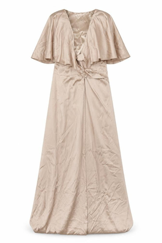 Front view of Chi Chi women’s beige polyester ball gown, size UK 10, v-neck tie - cape detail