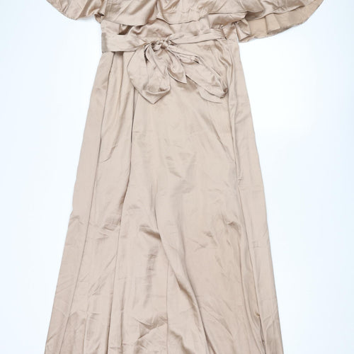 Chi Chi Womens Beige Polyester Ball Gown Size 10 V-Neck Tie - Cape Detail