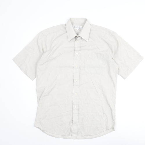 Marks and Spencer Mens Beige Check Polyester Button-Up Size 15 Collared Button