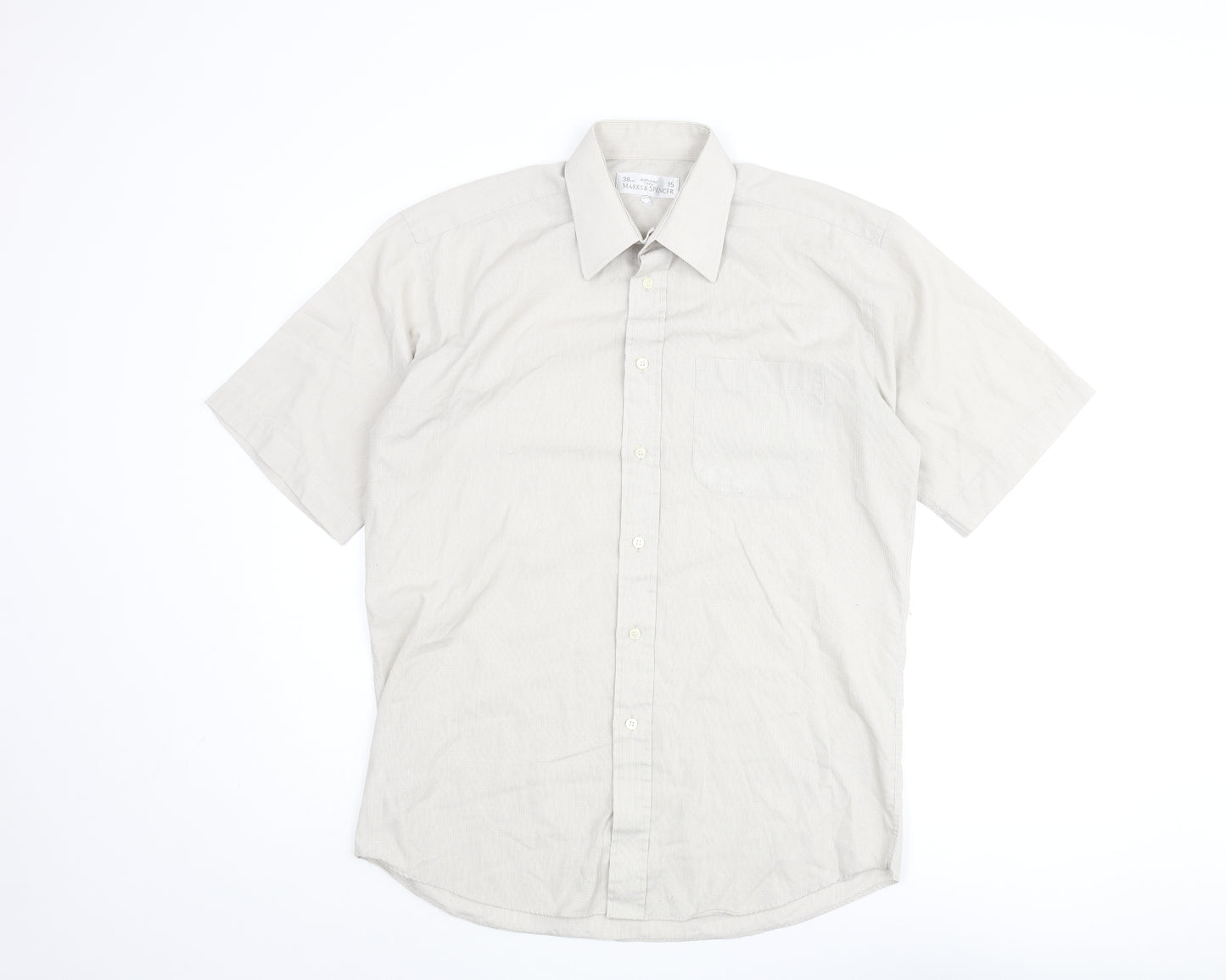 Marks and Spencer Mens Beige Check Polyester Button-Up Size 15 Collared Button