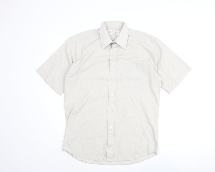 Marks and Spencer Mens Beige Check Polyester Button-Up Size 15 Collared Button