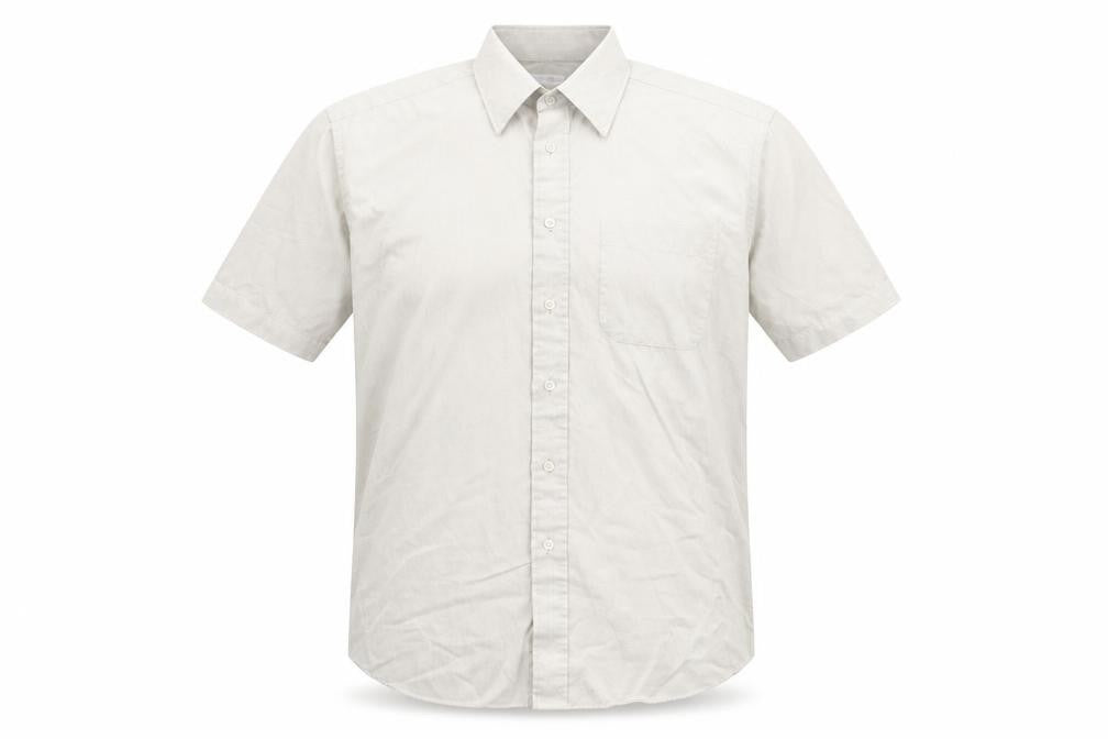 Front view of Marks & Spencer men’s beige check polyester button-up, size 15, collared button