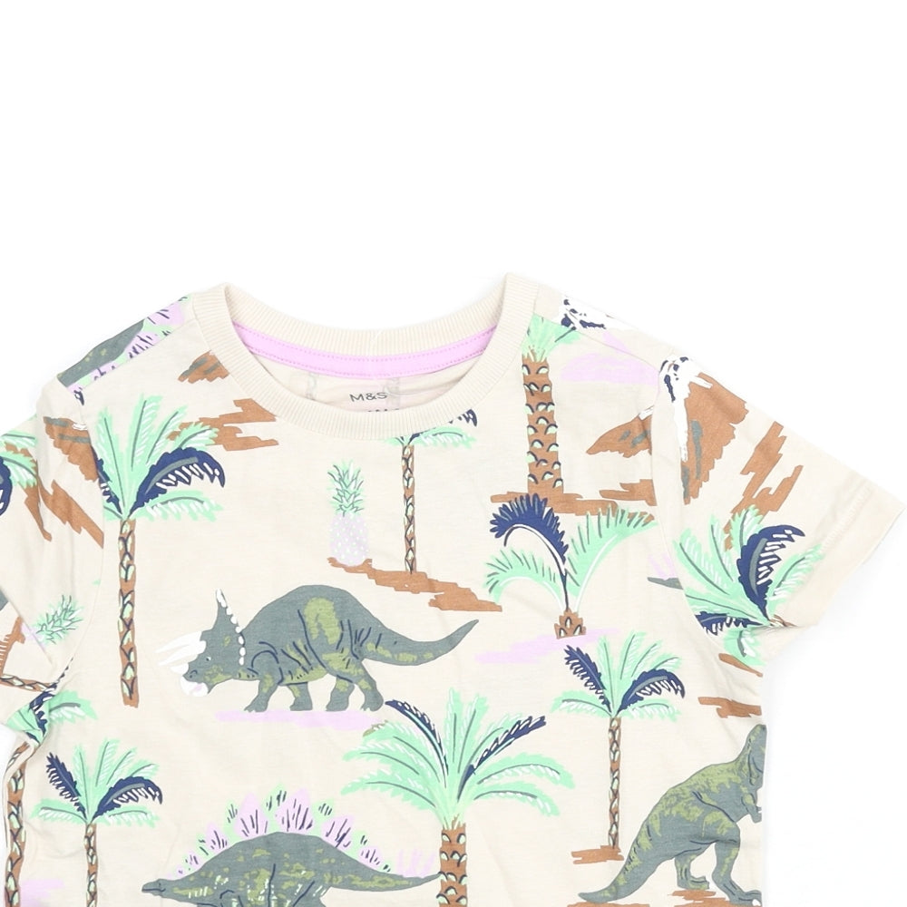 Marks and Spencer Boys Multicoloured Geometric Cotton Basic T-Shirt Size 4-5 Years Crew Neck Pullover - Dinosaur Tree Print