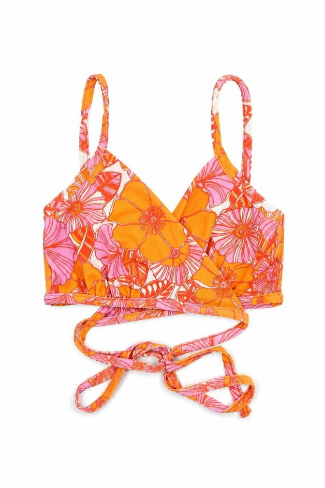 Boohoo Womens Orange Floral Polyester Cropped Tank Size 14 V-Neck - Wrap Style