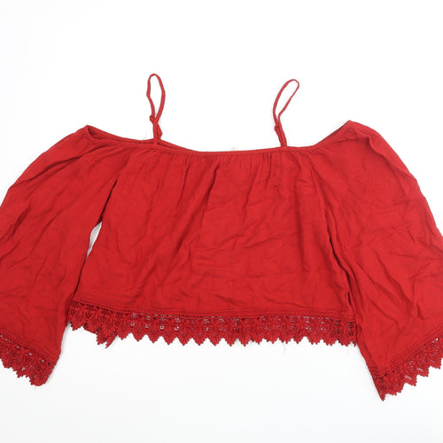 Divided by H&M Womens Red Viscose Cropped Blouse Size 8 Off the Shoulder - Lace Trim Cold Shoulder