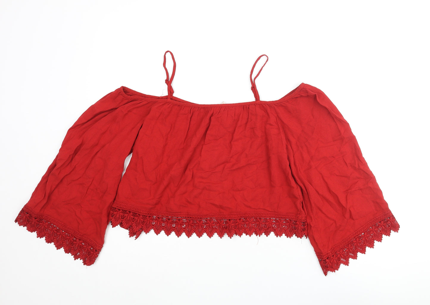 Divided by H&M Womens Red Viscose Cropped Blouse Size 8 Off the Shoulder - Lace Trim Cold Shoulder