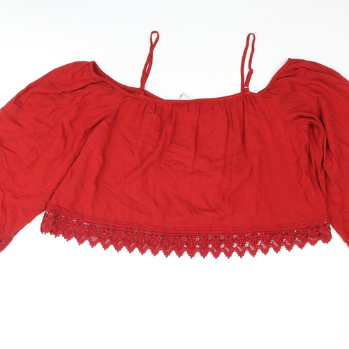 Divided by H&M Womens Red Viscose Cropped Blouse Size 8 Off the Shoulder - Lace Trim Cold Shoulder