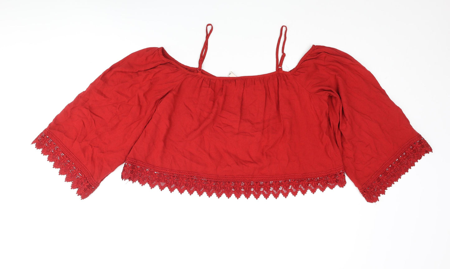 Divided by H&M Womens Red Viscose Cropped Blouse Size 8 Off the Shoulder - Lace Trim Cold Shoulder