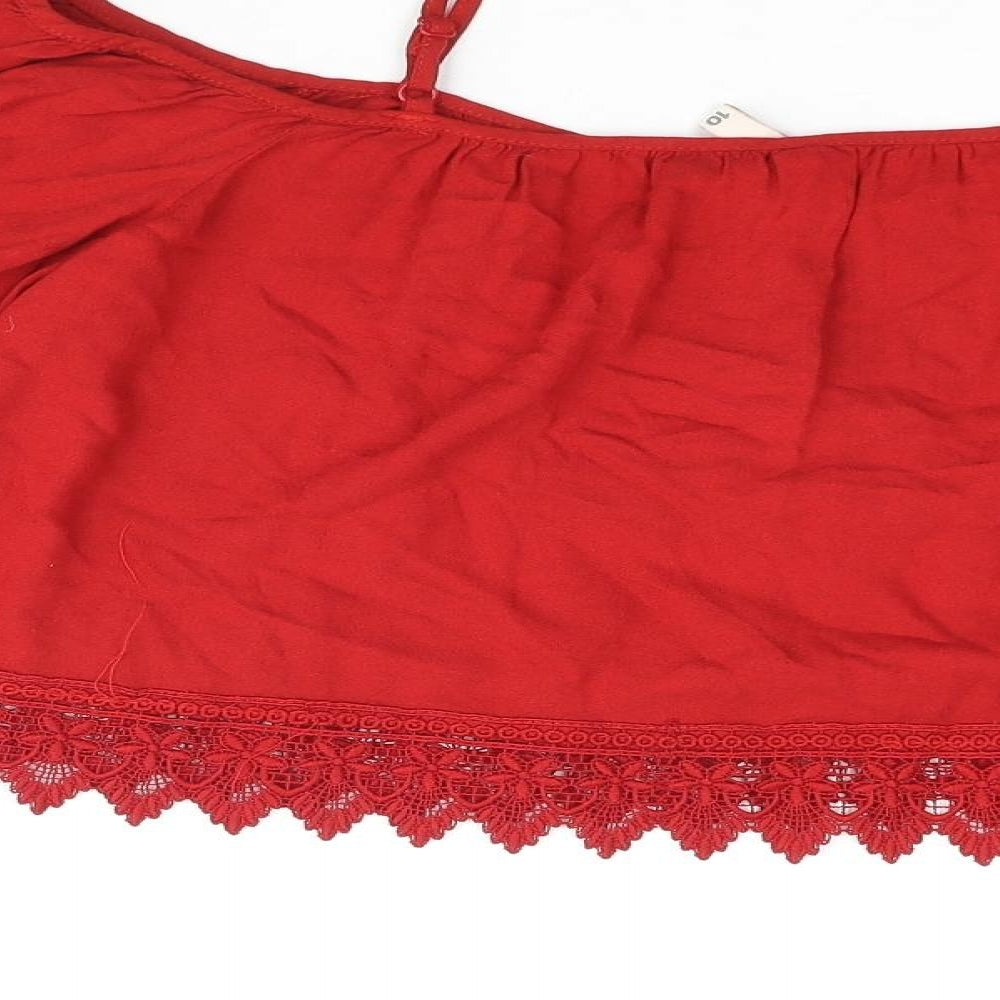 Divided by H&M Womens Red Viscose Cropped Blouse Size 8 Off the Shoulder - Lace Trim Cold Shoulder