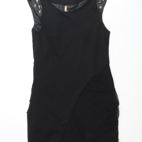 Sweewë Womens Black Viscose Mini Size S Round Neck Zip - Beaded Sleeve Detail Size S-M Rouched