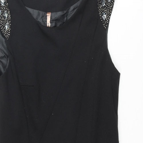 Sweewë Womens Black Viscose Mini Size S Round Neck Zip - Beaded Sleeve Detail Size S-M Rouched