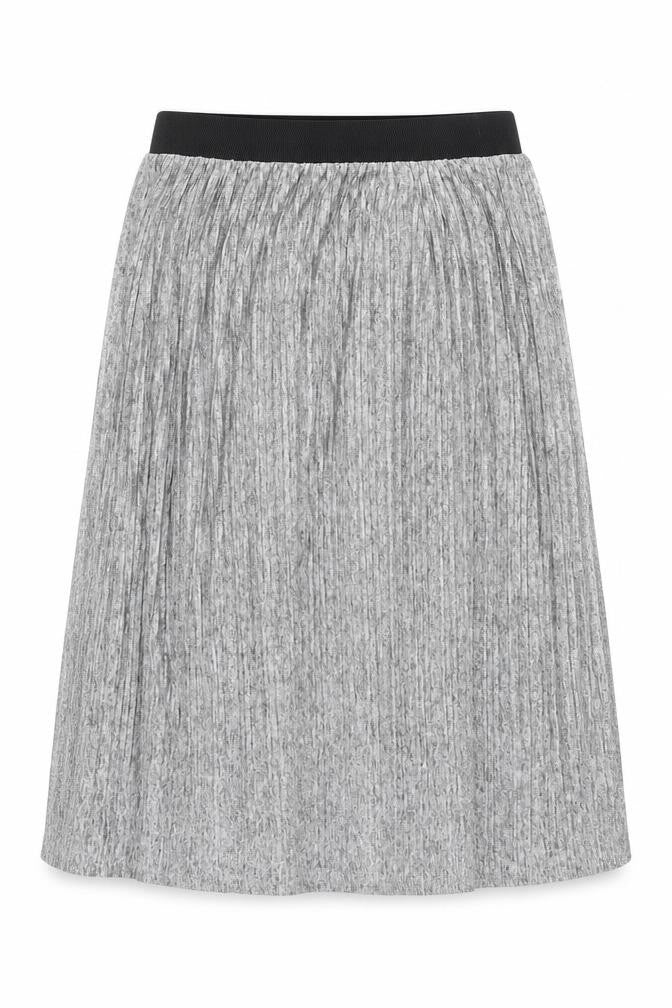 Front view of b.young women’s grey polyester a-line skirt, size L, - pleated elasticated waist
