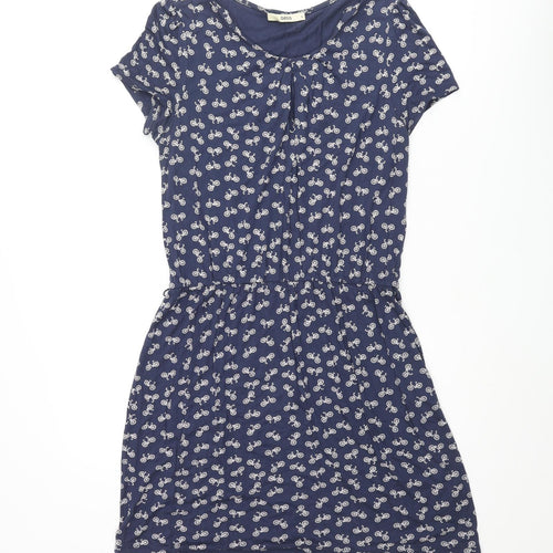 Oasis Womens Blue Geometric Viscose A-Line Size S Round Neck Pullover - Bicycle Pattern
